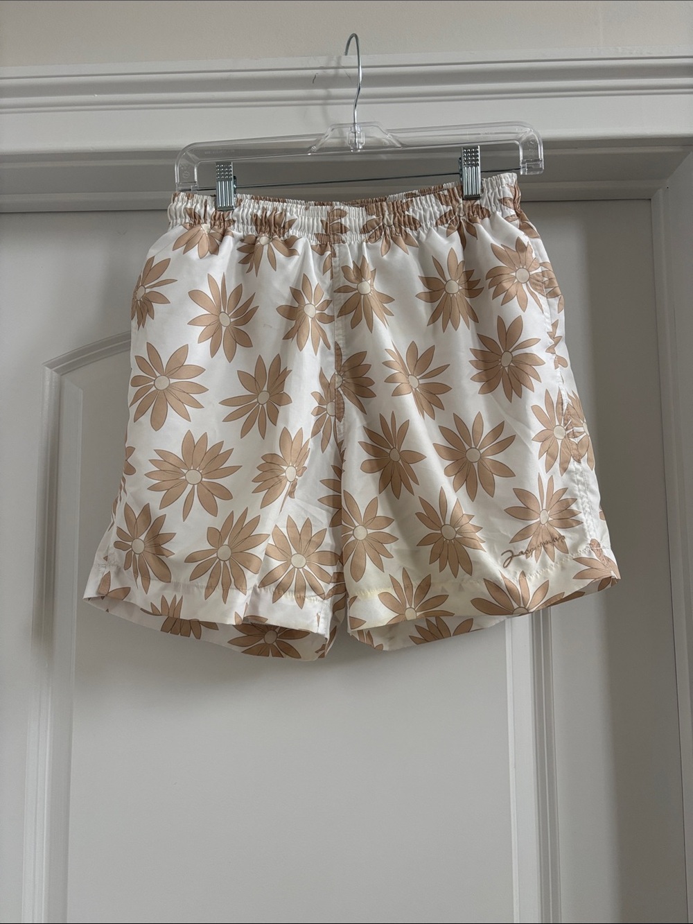 Jacquemus Men's Cream Swim Trunks with Tan Daisy Print
